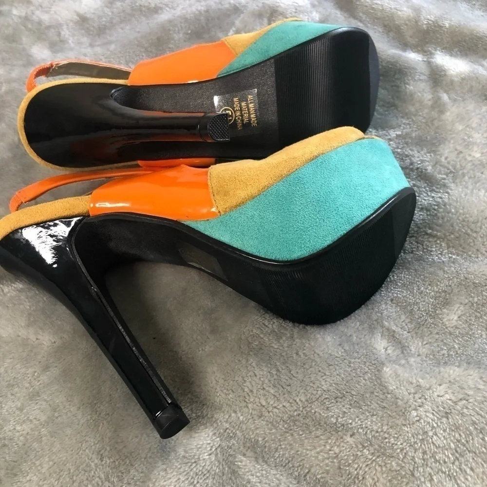 Paprika color block ankle sling back heel ankle heels orange tan+ mint green 5.5